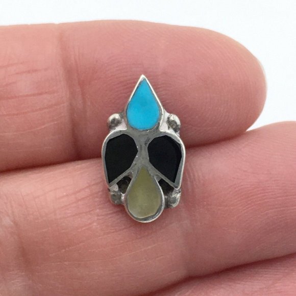 ZUNI thunderbird tie tack - sterling silver turquoise onyx inlay - hat lapel pin - Picture 4 of 7